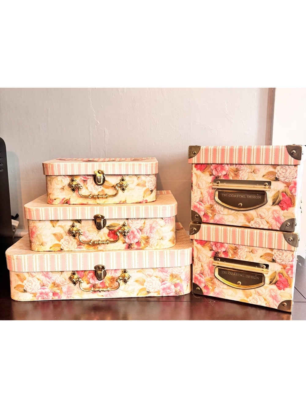 Set of 5 Decorative Floral Storage Boxes with Vintage Style Handles and StripedL